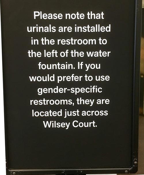 Please note that urinals are installed in the restroom to the left of the water fountain. If you would prefer to use gender-specific restrooms, they are located just across Wilsey Court.